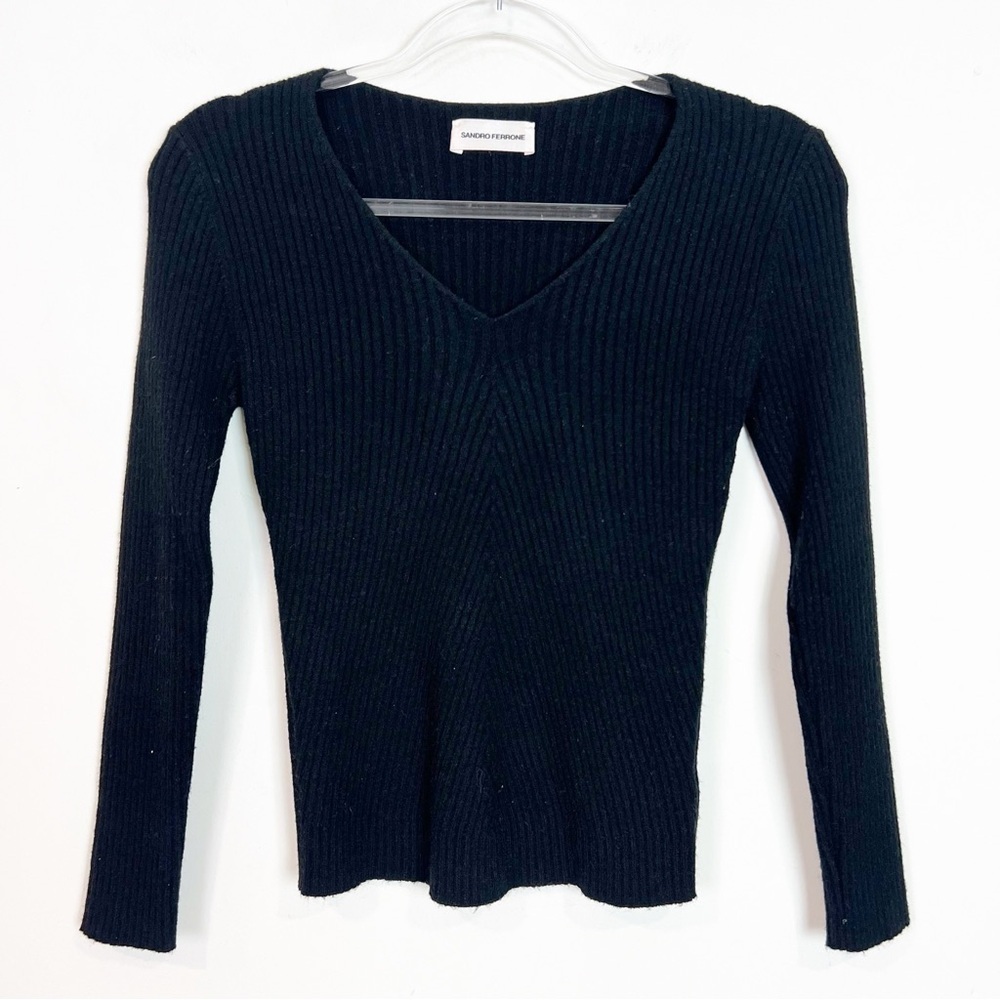 SANDRO FERRONE BLACK RIBBED LONG SLEEVE V-NECK PULLOVER SWEATER SZ SMALL